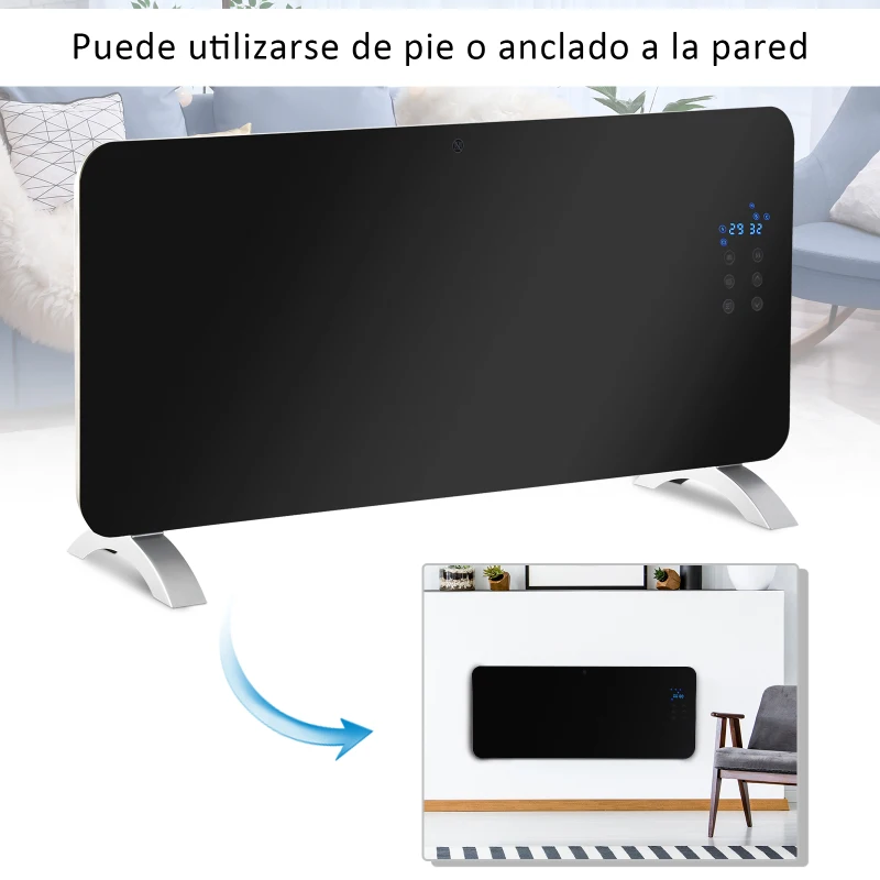 HOMCOM Radiador eléctrico Calefactor de vidrio Convector de Pared/Pie con Pantalla Táctil Temporizador y Control Remoto 2 Nivels Calor 1000/2000W