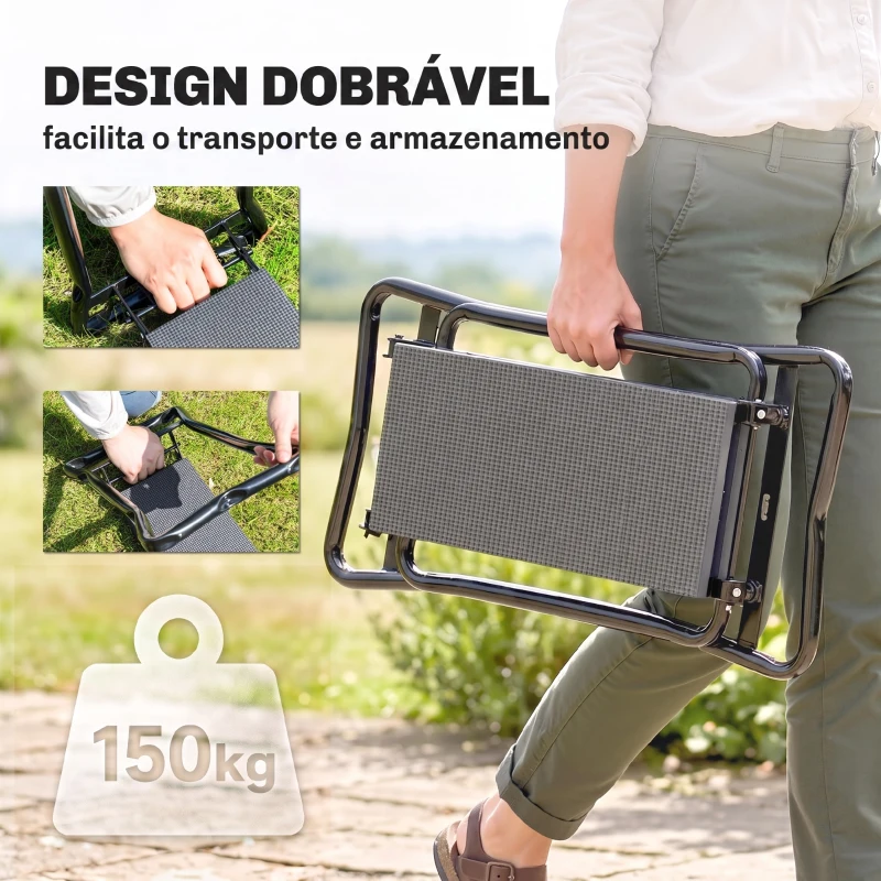 Outsunny Banco de Jardim Dobrável com Almofada de Espuma EVA Saco para Ferramentas 58x28x49 cm Cinzento