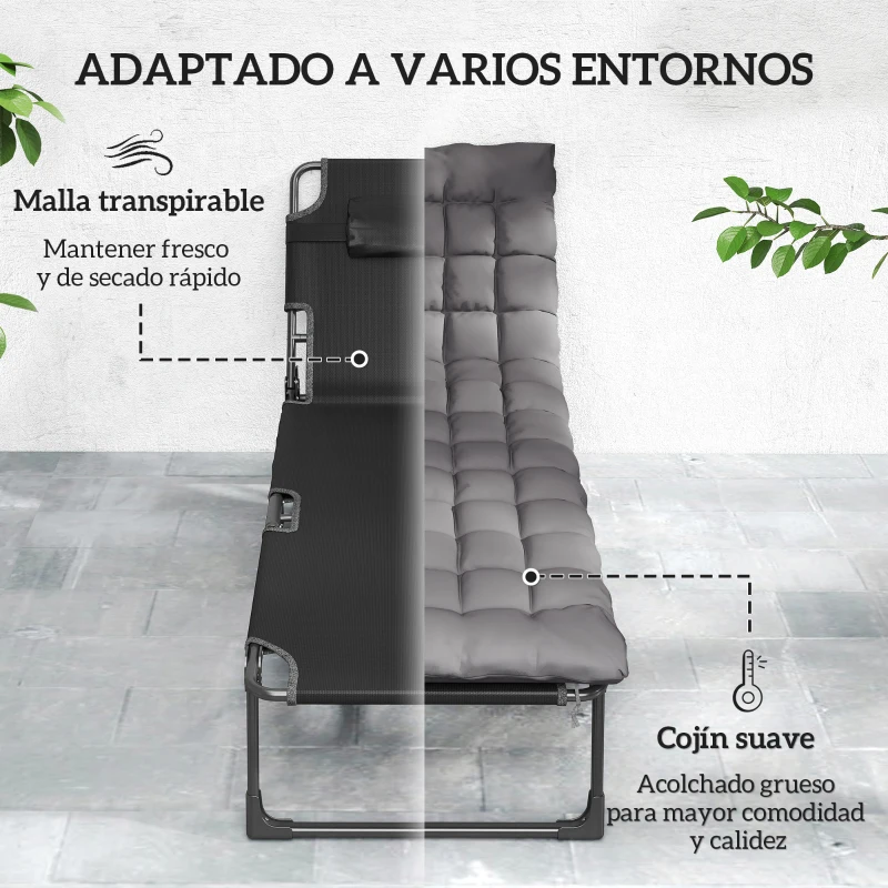 Outsunny Set de 2 Tumbonas Plegables con Reposacabezas Cojines Bolsillo Lateral y Respaldo Reclinable 5 Posiciones Gris Oscuro