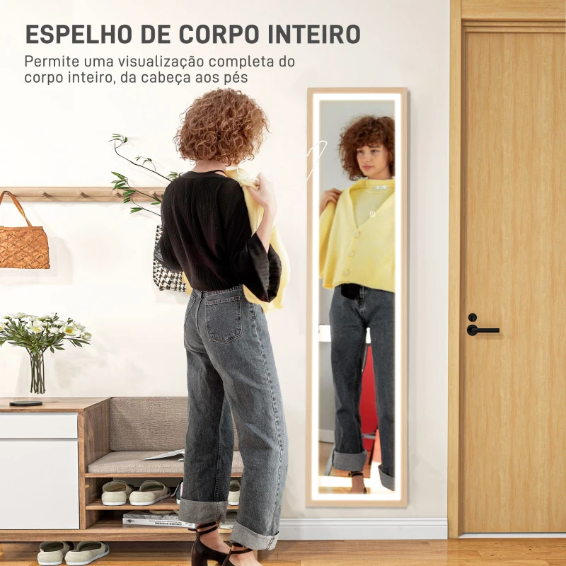 HOMCOM Espelho de Pé com Luz LED 40x160 cm Espelho de Corpo Inteiro com Iluminação de 3 Cores Tátil Função de Memória Madeira