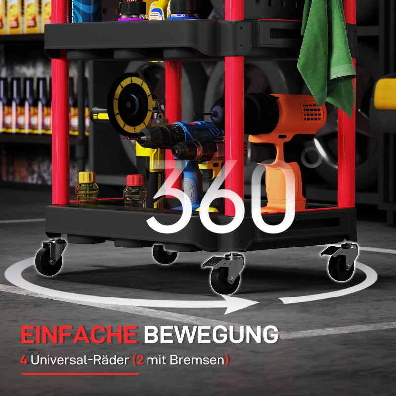HOMCOM Gereedschapswagen, Drie Niveaus, 4 Wielen, Kunststof, 10 Haken, Zwart+Rood