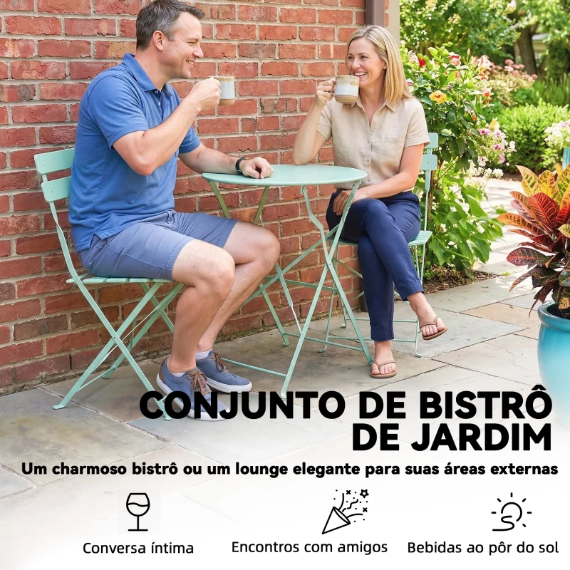 Outsunny Conjunto de Jardim Dobrável com 2 Cadeiras Dobráveis e Mesa Redonda Estrutura Metálica Eletroforética para Varanda Verde