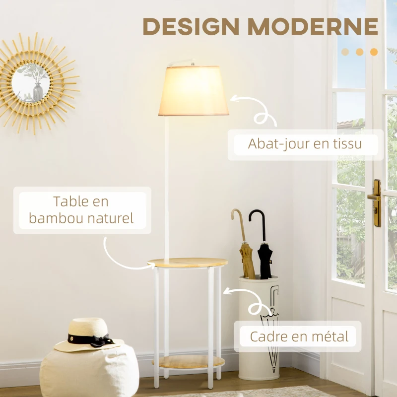 HOMCOM Lampadaire sur pied avec abat-jour en tissu 2 étagères rondes en bois interrupteur au pied hauteur 162 cm blanc