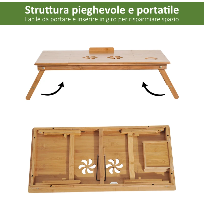 HOMCOM Tavolino da Letto per PC Pieghevole e Inclinabile con Cassetto, 72x35x22-30, Colore Legno