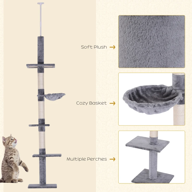 PawHut Floor to Ceiling Cat Tree 230-260cm Height Adjustable, 5-Tier Cat Tower with Scratching Posts, Hammock, Perches, Climbing Activity Centre for Indoor Kittens Playing and Relaxing, Grey