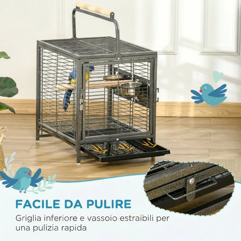 PawHut Gabbia per Pappagalli con Vassoio rimovibile, Ciotole in Acciaio Inox e 2 Posatoi, 48x38x65cm Nero