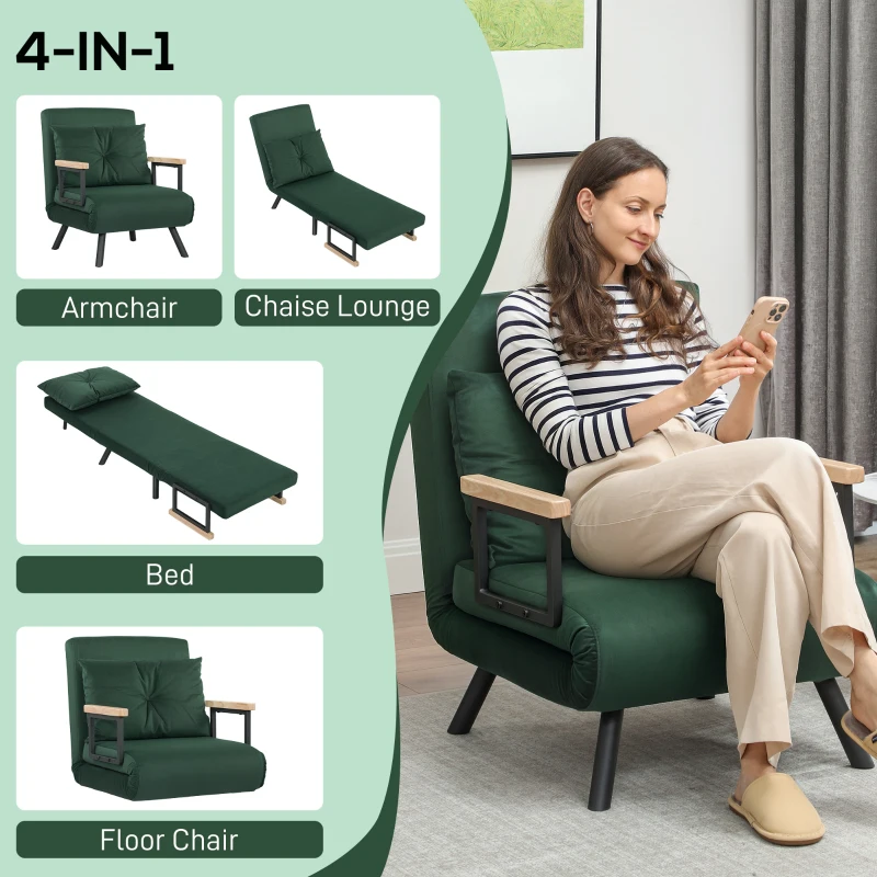 HOMCOM 4-in-1 Velvet-Feel Single Chair Bed, with Pillow - Green