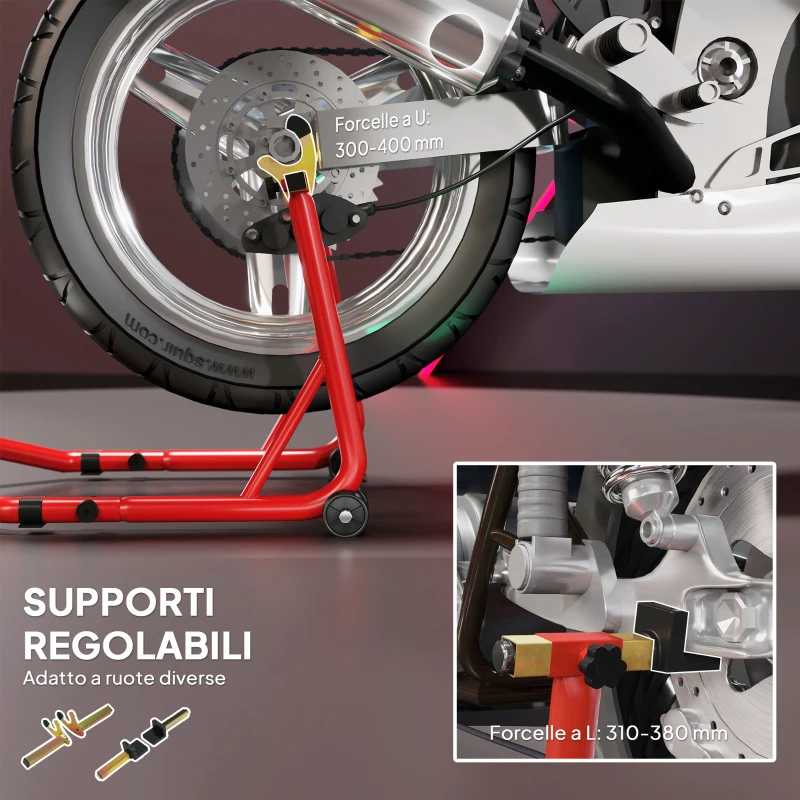 HOMCOM Cavalletto per Moto con Capacità di 544 kg, Forcelle Regolabili a U e L, Rotelle e Cuscinetti Antiscivolo, Rosso