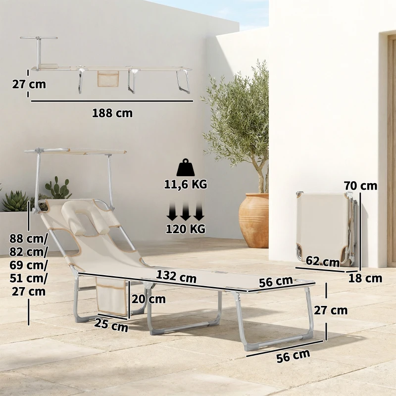 Outsunny Conjunto de 2 Espreguiçadeiras Dobráveis com Dossel 360° Encosto 5 Posições Orifício Facial e Textilene 550 g/m² 188x56x27 cm Bege
