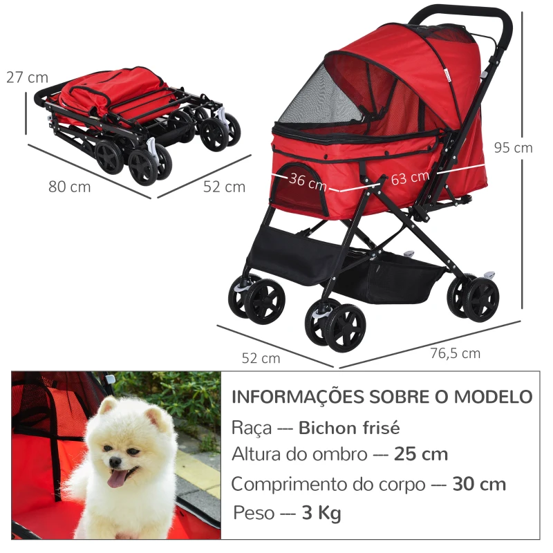 PawHut Carrinho para Animais de Estimação Dobrável Carro para Cães e Gatos com Capô Ajustável Cesta de Armazenamento Cinto de Segurança Tecido Oxford 600D Aço 76,5x52x95cm Vermelho