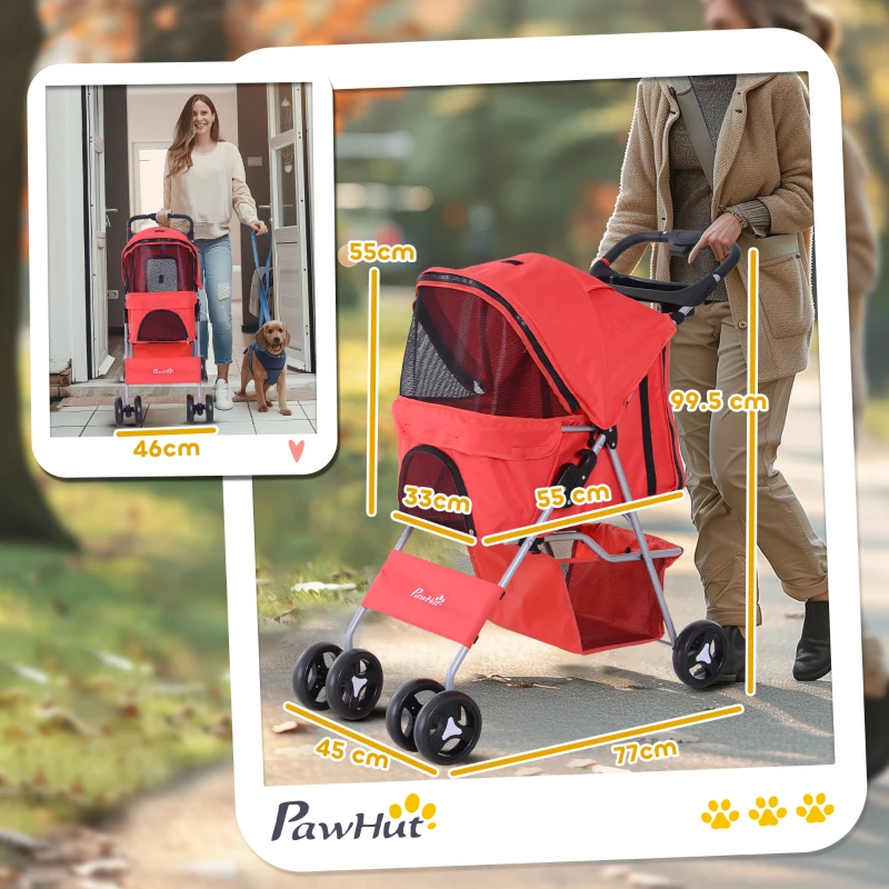 PawHut Passeggino per Cani Piccoli Pieghevole, Carrozzina per Cani con Ruote con Freni, Portabicchieri, Cestino Portaoggetti, 3 Finestre e Ruote Anteriori a 360°, per Animali Domestici 10 kg, Rosso