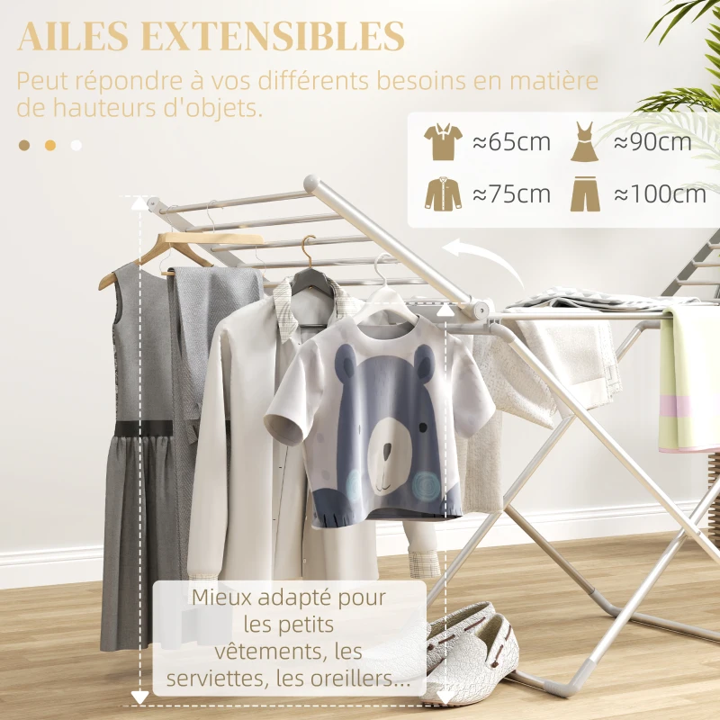 HOMCOM Séchoir à linge étendoir à linge électrique 2 ailes latérales extensibles cadre en alliage d'aluminium 144 x 53 x 91 cm