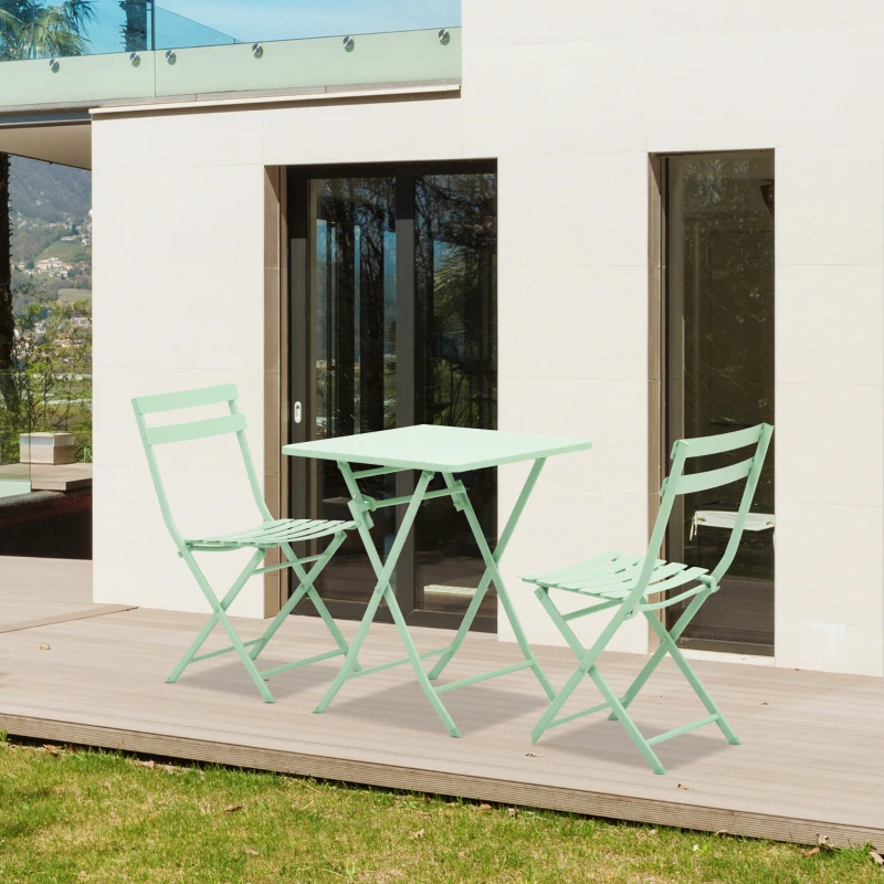 Outsunny Salon de jardin bistro pliable - table carrée dim. 60L x 60l x 71H cm avec 2 chaises - métal thermolaqué vert d'eau