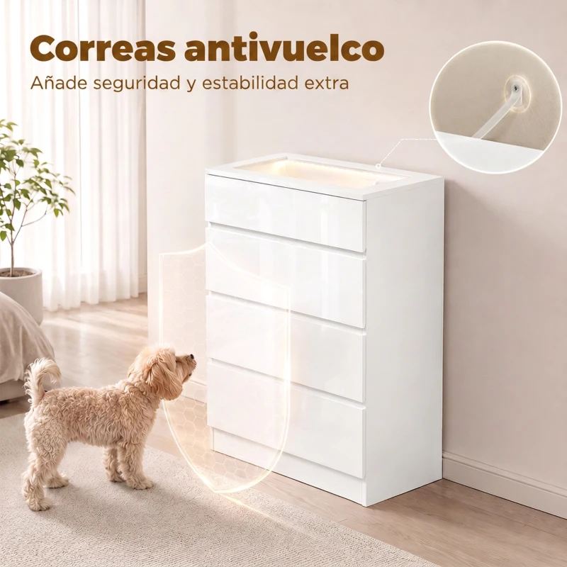 HOMCOM Cómoda de 4 Cajones con Joyero Encimera de Vidrio Templado Luces LED y Control Bluetooth Blanca