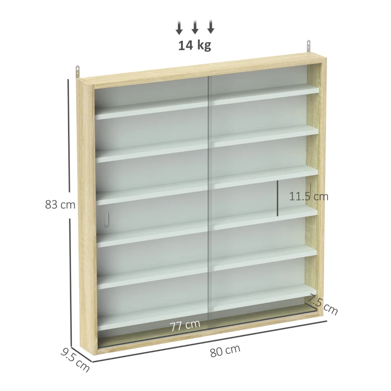 HOMCOM 7-Tier Wall Display Shelf Unit Cabinet w/ 6 Adjustable Shelves Glass Doors Home Office Ornaments 83x80cm, Oak