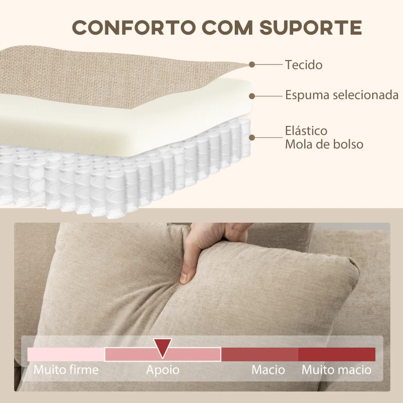 HOMCOM Sofá Chaise Longue Reversível Sofá de Canto em Forma de L de 3 Lugares 2 Almofadas Estofado em Linho 242x156x87 cm Bege