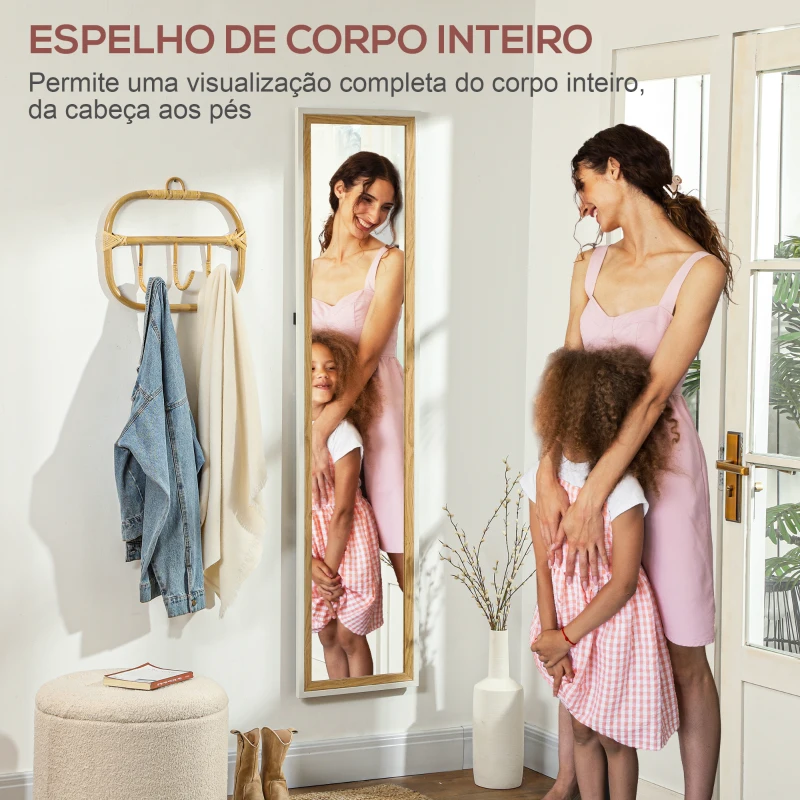 HOMCOM Espelho de Pé 37x157 cm Espelho de Corpo Inteiro com Estrutura de MDF e Suporte Branco e Madeira Escura