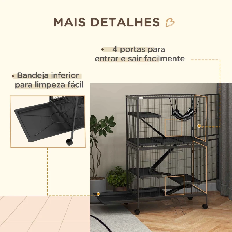 PawHut Gaiola para Roedores 80x52x128 cm Casa de 4 Alturas com Rampas Suspensa Rede Bandeja Removível Rodas Cinza Escuro