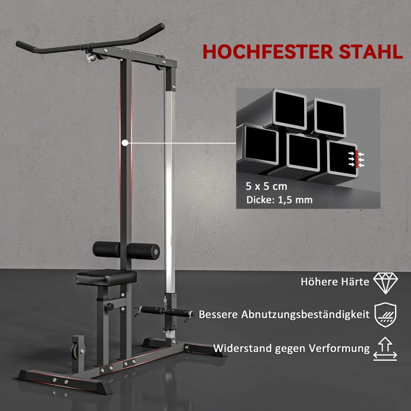HOMCOM krachtstation met riemschijf zitting verstelbaar en meerdere kabelposities om de spieren te versterken trainingsapparaat voor home fitness staal zwart 180 x 183 x 219 cm