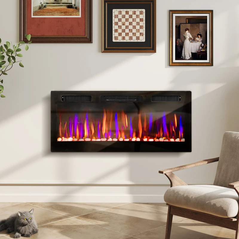 HOMCOM Lareira Elétrica Ultrafina de Parede e Embutir com Chama 3D Brilho/Velocidade Ajustável 12 Cores Pedras 900/1800W 106,7x9,4x47 cm Preto