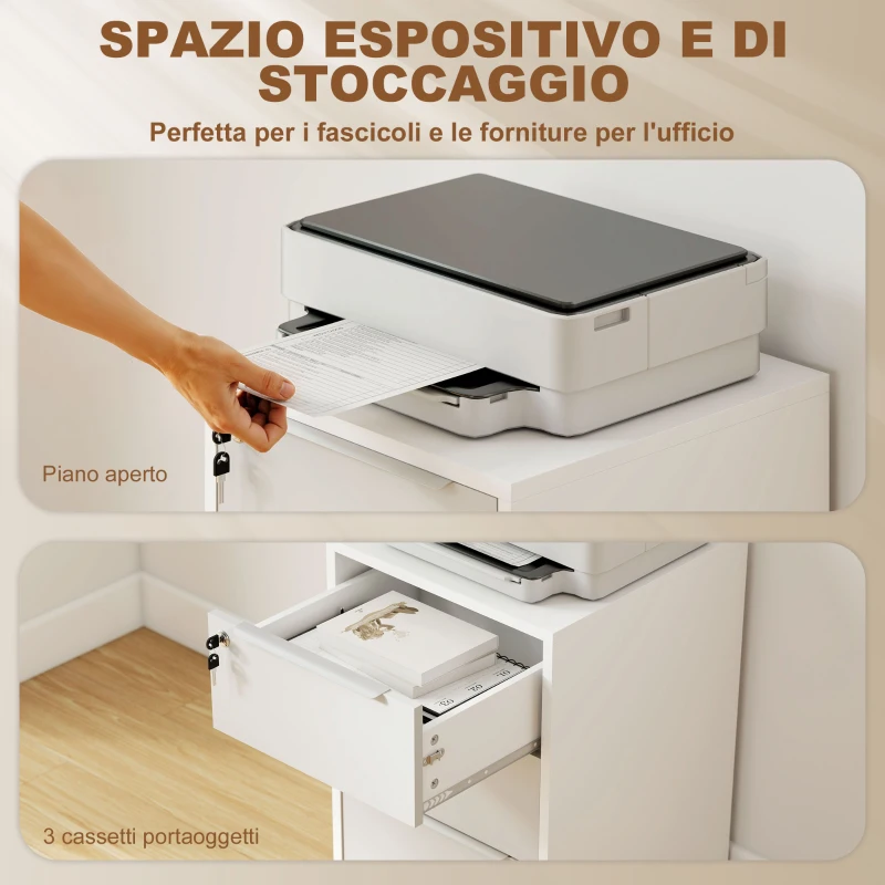 HOMCOM Schedario per Ufficio a 3 Cassetti con Chiavi di Sicurezza e 4 Ruote, in Legno, 40x40x63.5 cm, Bianco e Grigio
