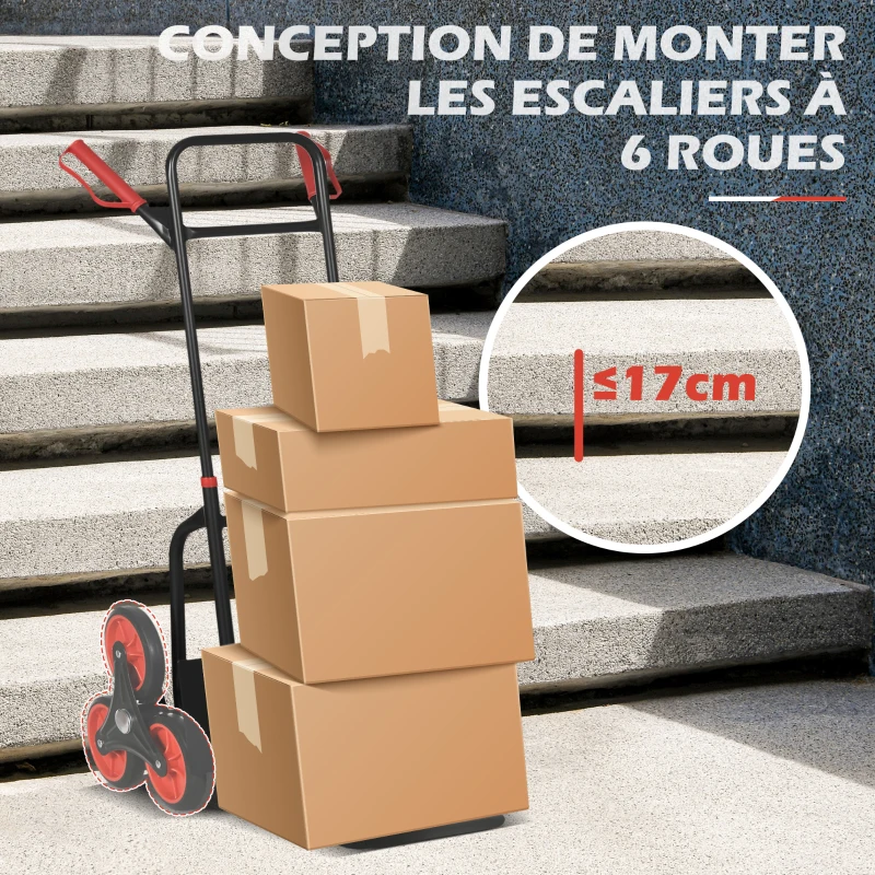 DURHAND Diable d'escalier pliable 120 kg 6 roues, diable demenagement en acier avec cordes télescopiques, 44x67x106,5cm, rouge