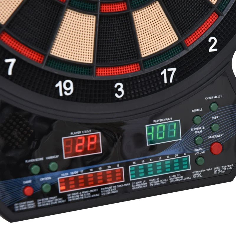 HOMCOM Cible Jeu de fléchettes électronique 27 Jeux Principaux et 202 variations, jusqu'à 8 Joueurs, avec 12 fléchettes Pointes Souples, 30 pointes de rechange, Affichage LED Noir