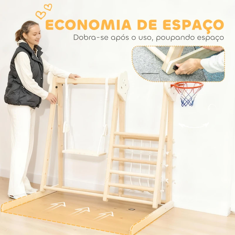 AIYAPLAY Escorrega Infantil 5 em 1 Estrutura de Escalada de Madeira com Escorrega Baloiço Cesto de Basquetebol 140x172,5x116,5 cm Madeira