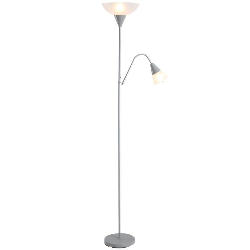 HOMCOM moderne staande lamp 2 koppen verstelbare leeslamp, vloerlamp, ontwerp met dubbele kop en stalen voet, zilver, wit, 28 x 28 x 179,5 cm
