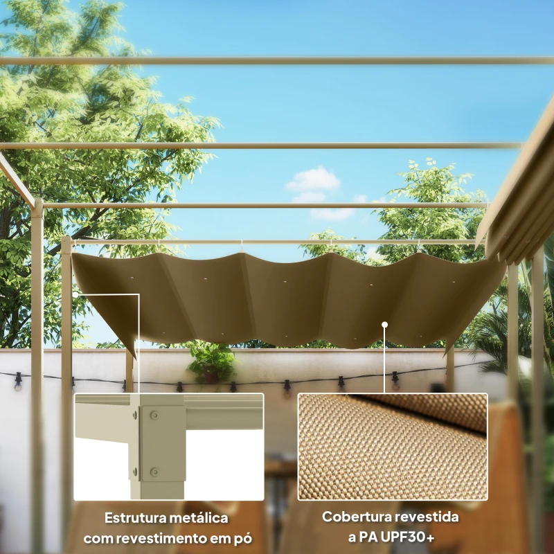 Outsunny Pérgola com Telhado Retrátil Pérgola de 3x3 m com Fecho Magnético Proteção UV30+ Pérgola para Jardim Cáqui