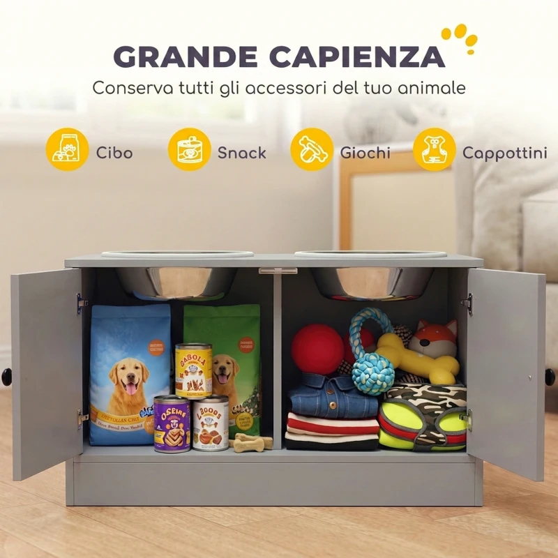 PawHut Portaciotole per Cani con 2 Ciotole da 2L in Acciaio Inox e Armadietto Inferiore, in Legno, 60x30x35.5 cm, Grigio
