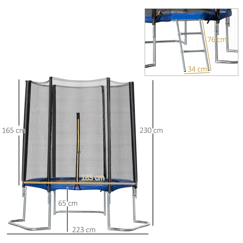 HOMCOM Trampoline pour enfant Ø 223 cm avec filet de sécurité, échelle et porte zippée - usage extérieur intérieur - bleu