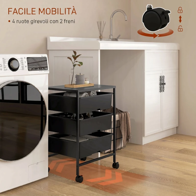 HOMCOM Carrello Multiuso con 3 Cestini Estraibili e Ruote per Cucina e Ufficio in Acciaio e PP, Nero