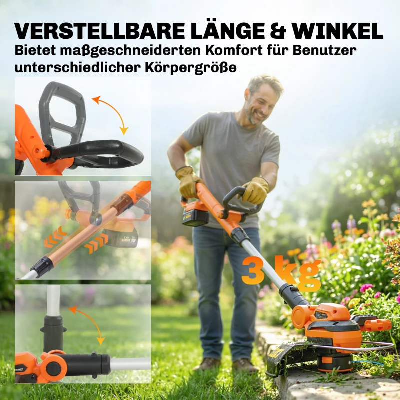 Outsunny Akku Rasentrimmer 21V Freischneider mit 2x4.0Ah Akkus Ladegerät 25 cm Schnittbreite Verstellbarer Teleskop-Griff