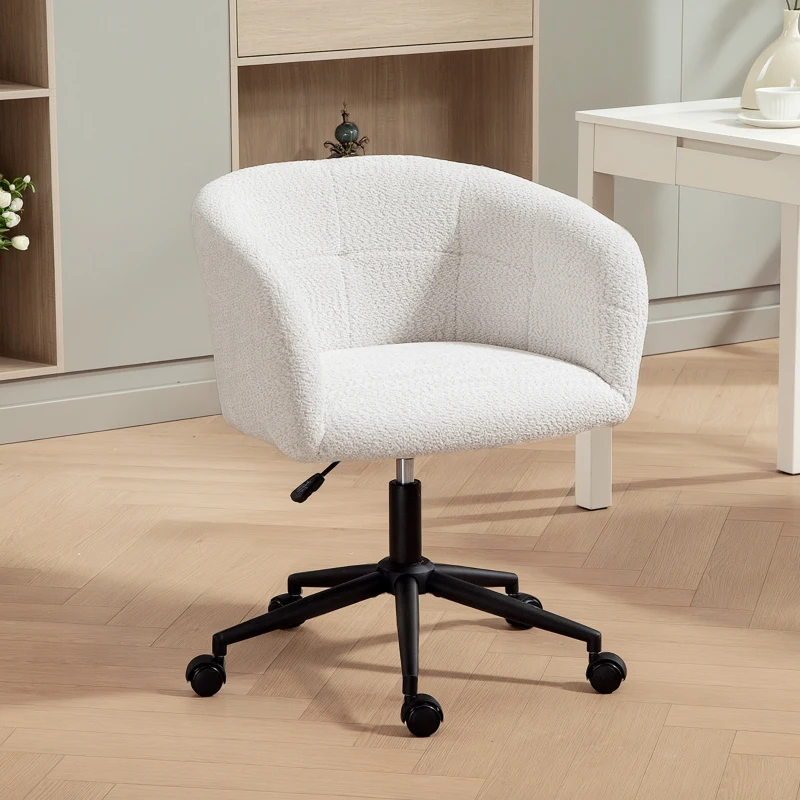 HOMCOM Gepolsterde Bureaustoel met Pluche Bekleding, Kuipvormig Design, Verrijdbare Bureaustoel, Stalen Basis, Crème+Zwart