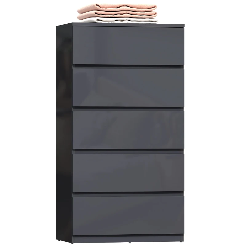 HOMCOM Commode 5 tiroirs, meuble de rangement à haute brillance, fermeture douce et silencieuse, 53 x 34 x 100 cm, gris