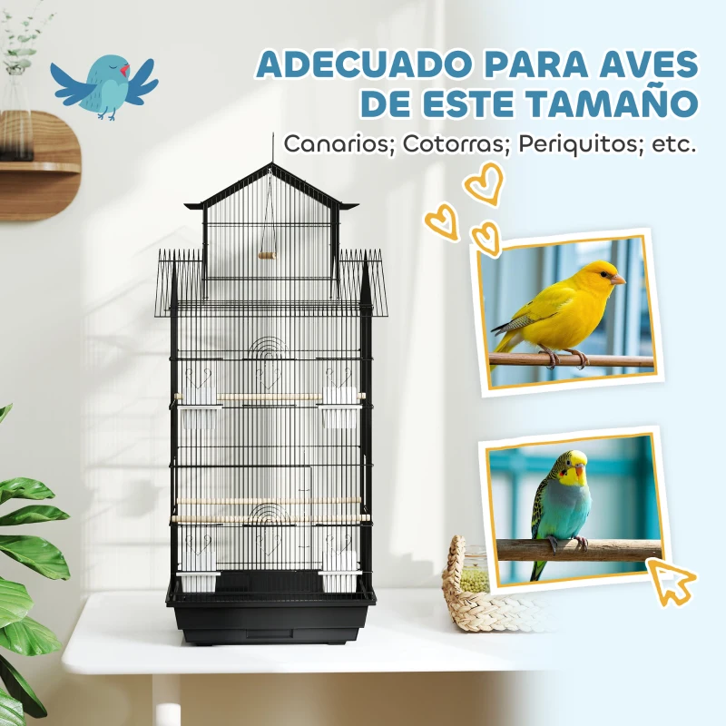 PawHut Jaula para Pájaros de Acero con Comederos Perchas Columpio y Bandeja Extraíble 50,5x41x104 cm Negro