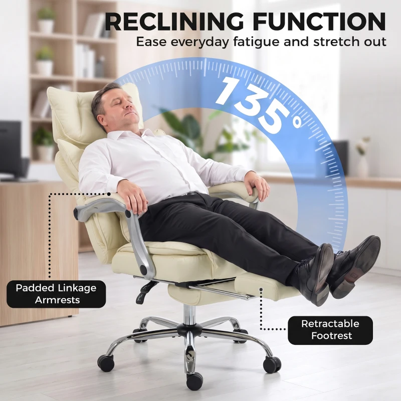 HOMCOM Executive Office Chair, PU Big and Tall Office Chair 180 kg with Wide Seat, Reclining, Lumbar Support, Beige