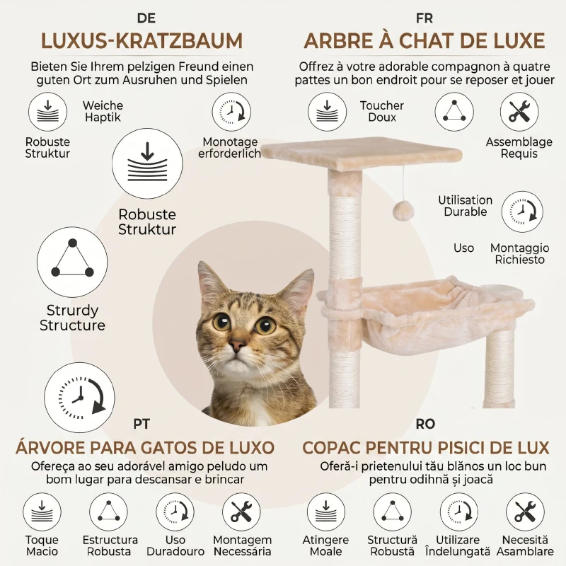 PawHut Turn pentru Pisici max. 3,6 kg cu Hamac și Minge Suspendată, din Lemn și Pluș, 50x36x70 cm, Bej