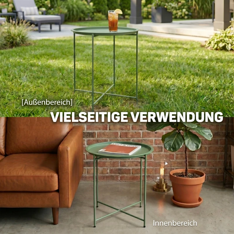 Outsunny Gartentisch, Runder Außen-Beistelltisch aus Stahl mit herausnehmbarem Tablett, faltbares Design, Terrassentisch, Grün