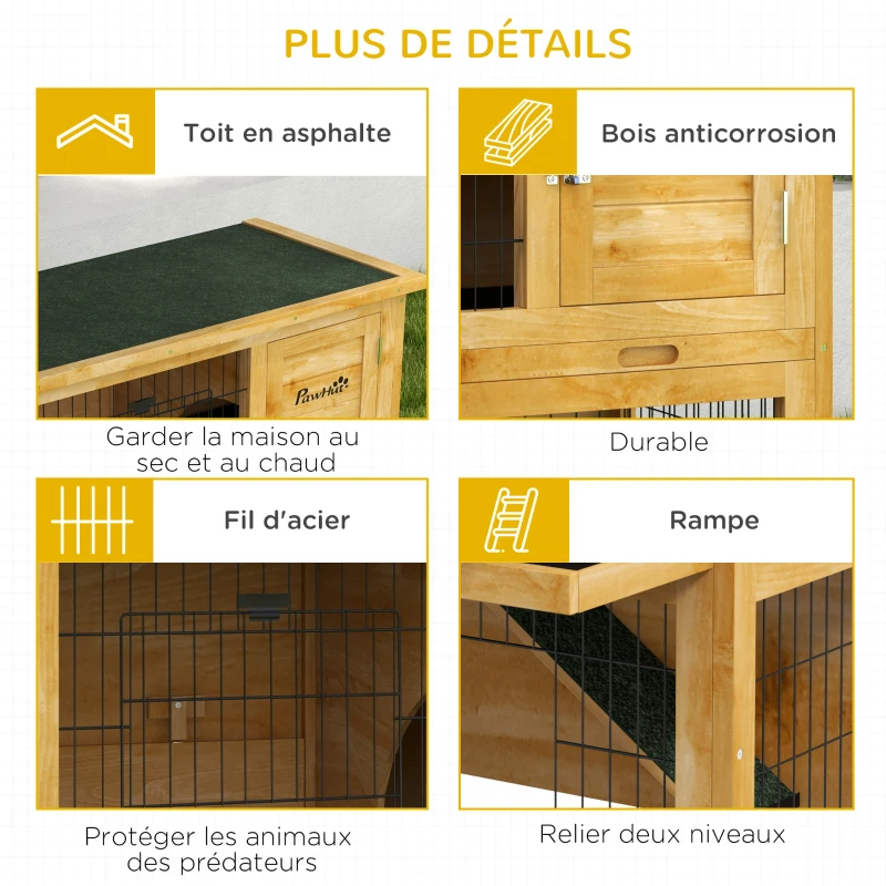 PawHut Clapier à lapin en bois 2 étages avec 3 portes plateau coulissant rampe toit bitumé 85 x 50 x 80 cm jaune