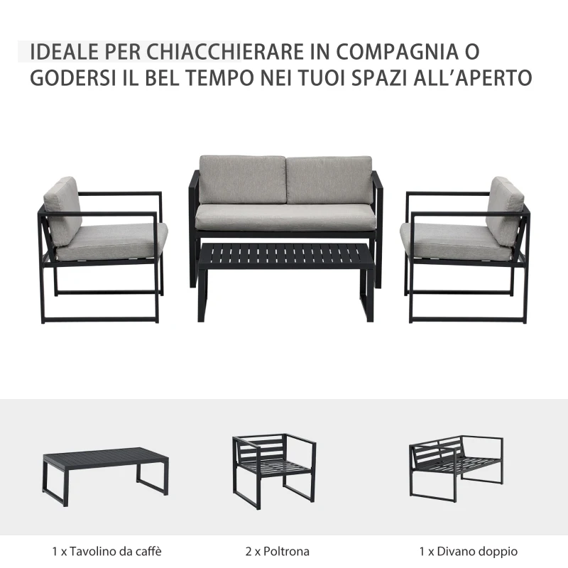 Outsunny Set Mobili da Giardino con Divano 2 Posti, 2 Poltrone e Tavolino in Alluminio con Cuscini, Grigio e Nero
