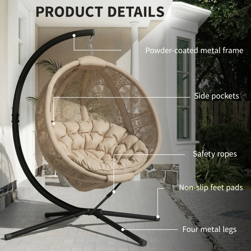 Outsunny Round Egg Basket Chair, with Steel Stand, Sand