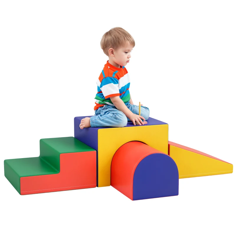 HOMCOM 4-delige Zacht Speelblokkenset voor Klimmen en Glijden, Kunstleer Bekleed, voor Kinderen van 1-3 Jaar, Meerkleurig
