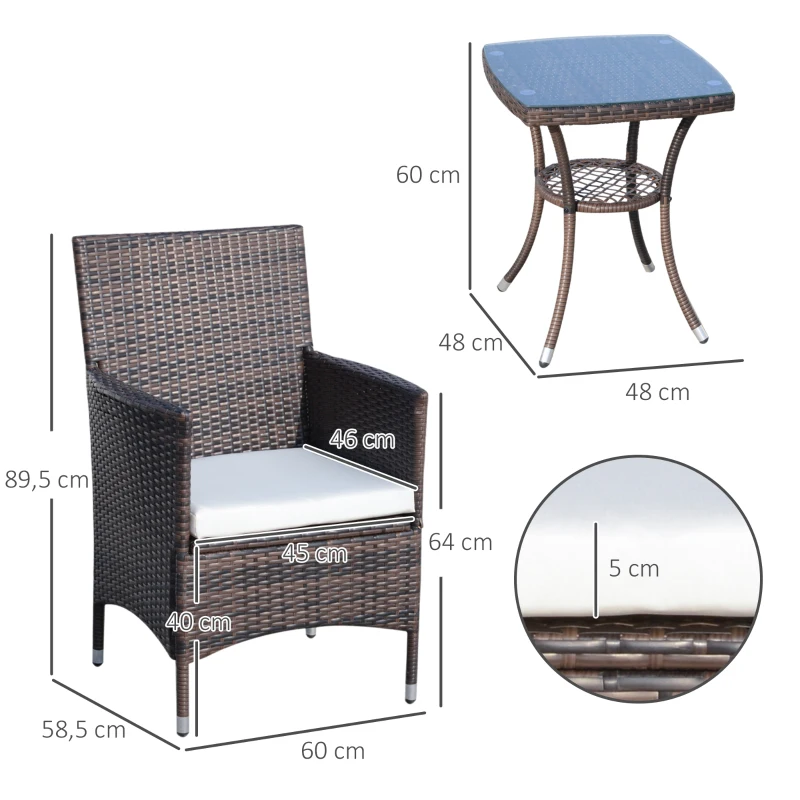 Outsunny Polyrattan Gartenmöbel Set, Outdoor Lounge Balkonmöbel für 2 Personen, 3-teilig Sitzgruppe, 2 Stühle, Tisch Sitzkissen, Gartenlounge für Garten, Terrasse, Balkon, Braun