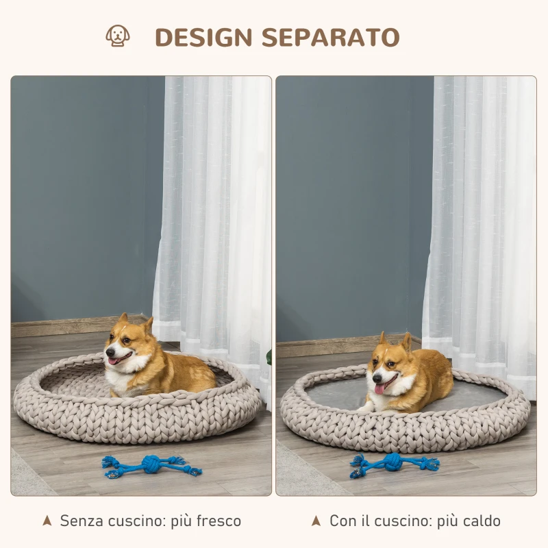 PawHut Cuccia per Cani e Gatti Rotonda, Rialzata e Lavabile in Cotone PP, Cuscino Imbottito, Φ93x15cm, Grigia