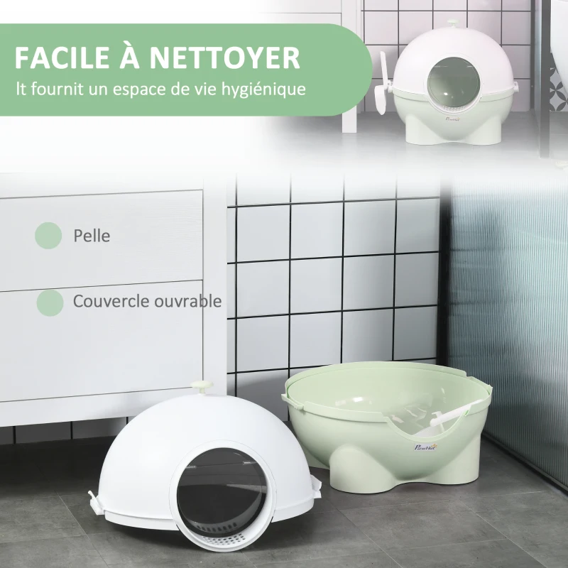 PawHut Bac à litière pour chat maison de toilette avec porte battante couvercle amovible 53 x 51 x 48 cm vert et blanc