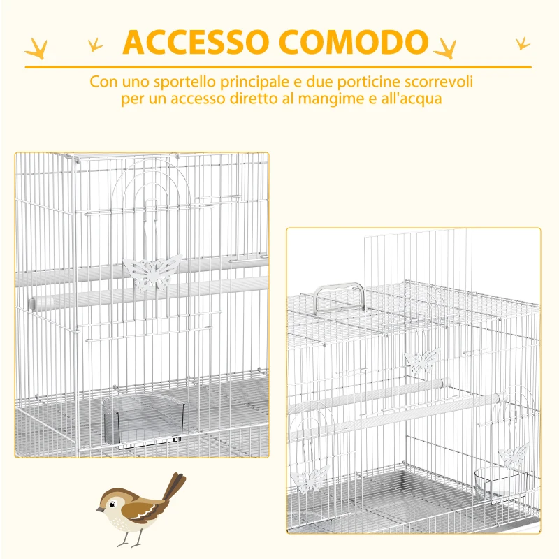 PawHut Gabbia per Uccelli in Metallo con Posatoi, Ciotole per Cibo e Maniglia, 60x41x41cm