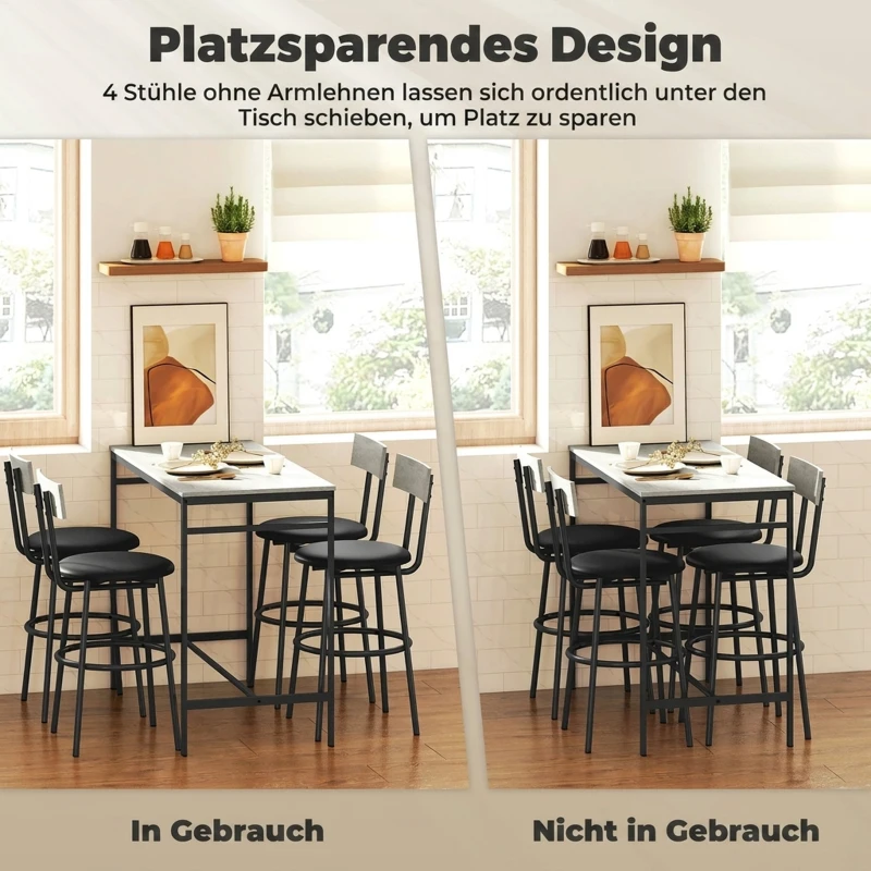 HOMCOM 5-teiliges Bartisch-Set mit 4 Stühlen, Industrielles Design, für Küche, Esszimmer, Stahl, Hellgrau