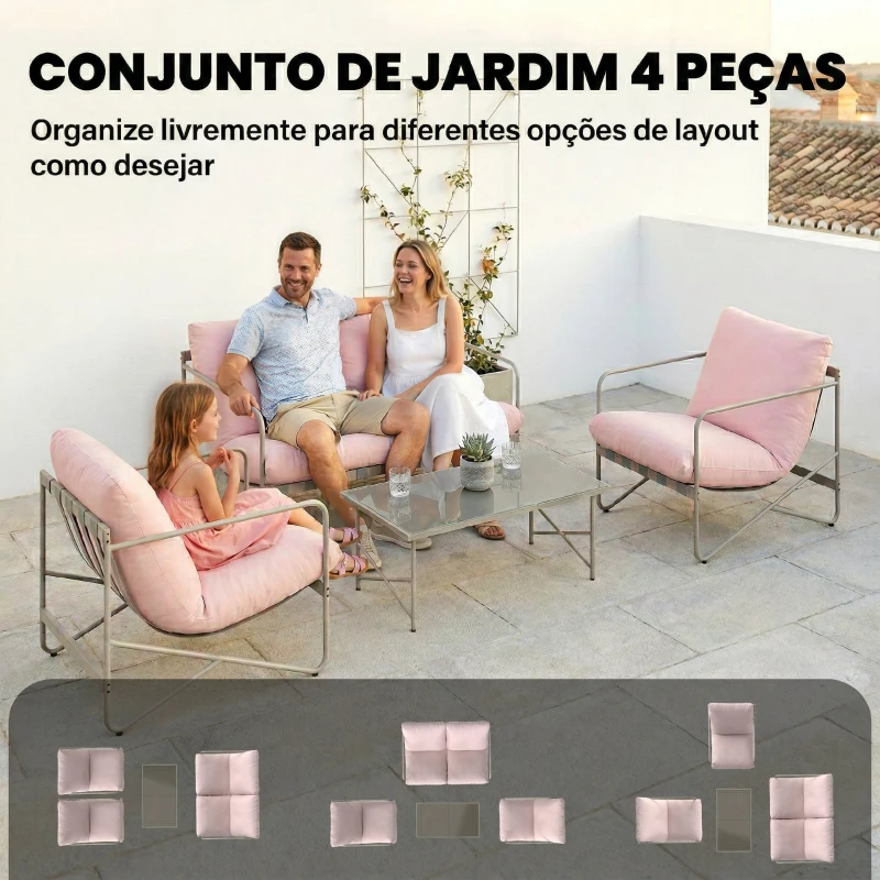 Outsunny Conjunto de Jardim de 4 Peças com Sofá de 2 Lugares 2 Poltronas Mesa de Vidro Temperado e Almofadas Grossas para Terraço Rosa